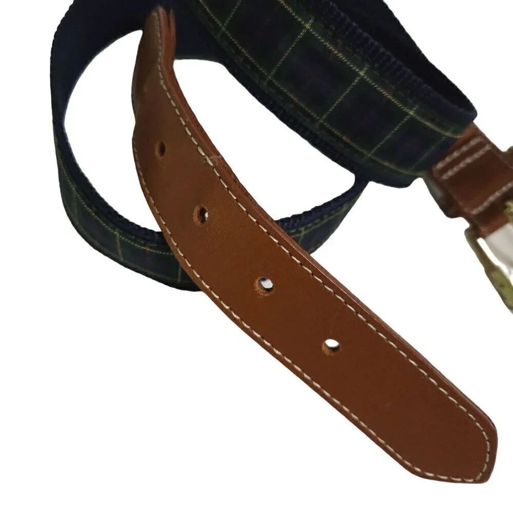 L.L. Bean Green Plaid Brown Leather Men's Belt Navy Trim Brass Buckle Size 45